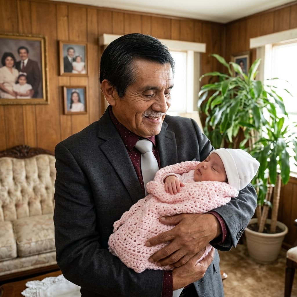 Papito Jorge cargando a Ariana de bebé de espaldas
