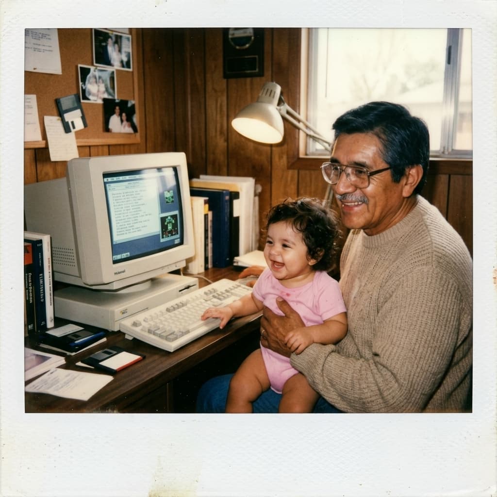 Papito Jorge con Ariana de bebé frente a la computadora