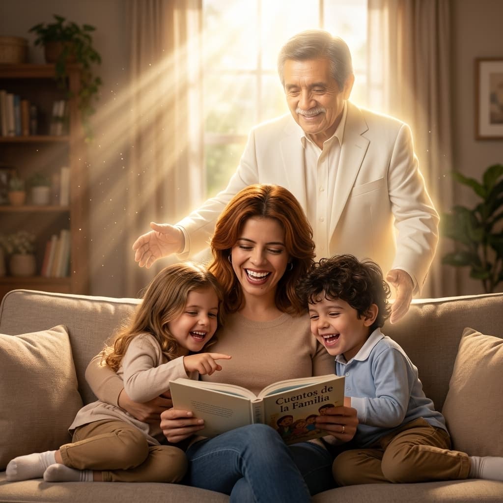 El abuelo como ángel de la guarda bendiciendo a Ariana y sus hijos